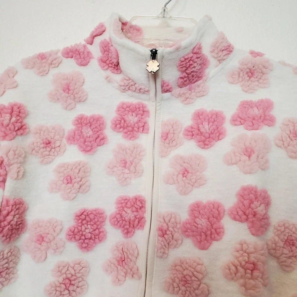 Lucky Brand Girls Pink Floral Popcorn Fleece Zip Up Jacket White Size M 10/12